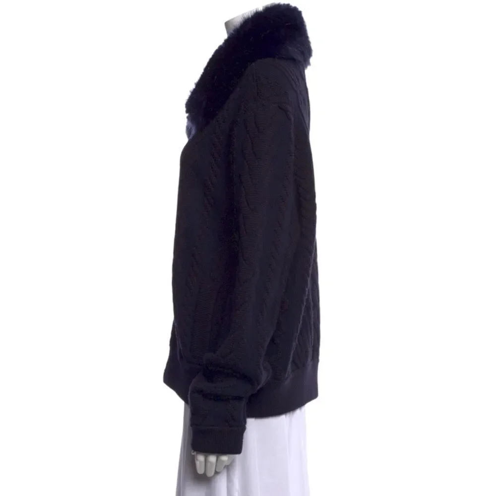 TORY BURCH Contraire Merino Wool Cable Knit Faux Fur Sweater Bomber Jacket XL